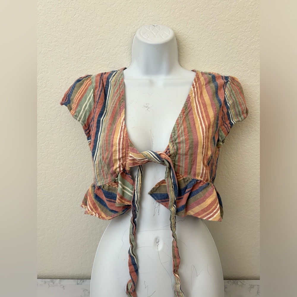 Aeropostale Short Sleeve Crop Top Womens S Front Tie Striped Red Blue P​​